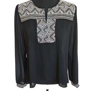 Monteau Womens Black Embroidered Long Sleeve Semi Sheer Blouse Size Medium